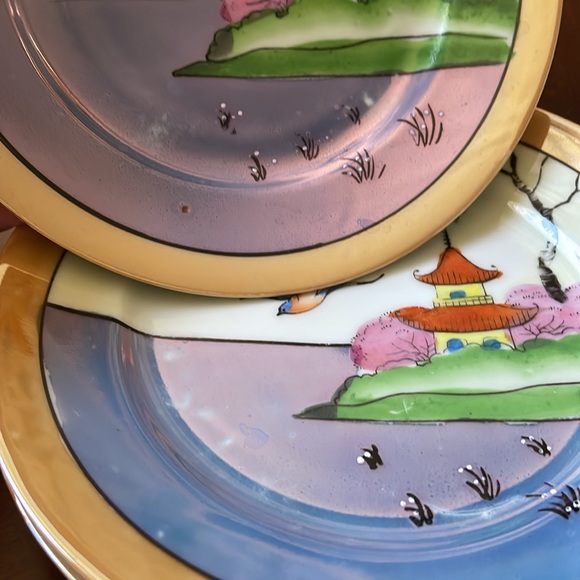 VTG set of 4 lusterware porcelain Japan plates pagoda birds scene - Picture 10 of 10